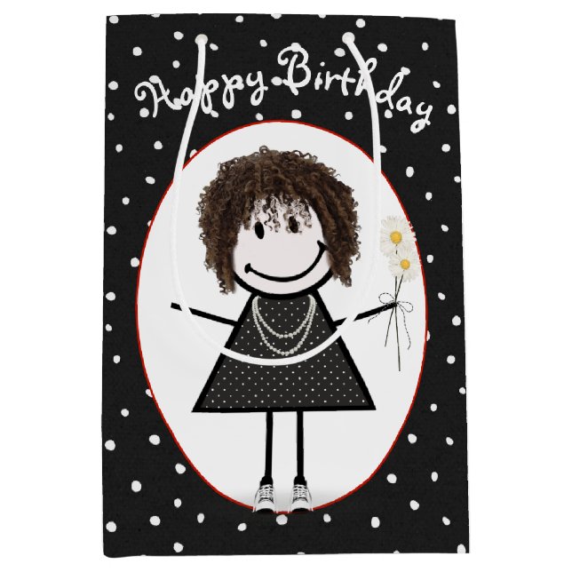 Birthday Stick Figure Girl On Polka Dots  Medium Gift Bag (Front)