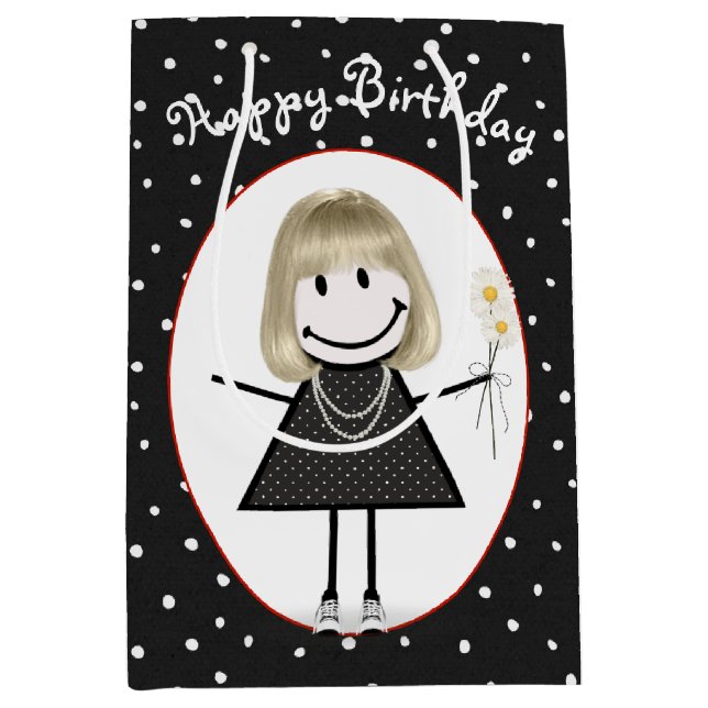 Birthday Stick Figure Girl On Polka Dots Medium Gift Bag (Front)