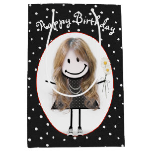 Birthday Stick Figure Girl On Polka Dots   Medium Gift Bag
