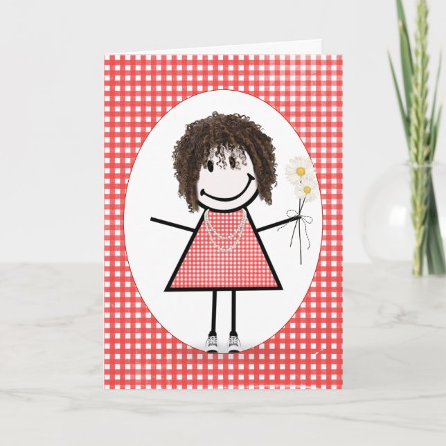 Birthday Stick Figure Girl On Red Gingham   Card (Front)