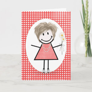 Birthday Stick Figure Girl On Red Gingham  Card