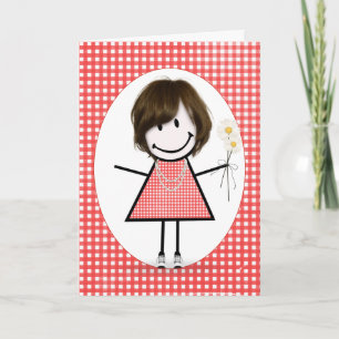 Birthday Stick Figure Girl On Red Gingham Card