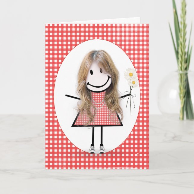 Birthday Stick Figure Girl On Red Gingham  Card (Front)