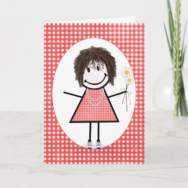 Birthday Stick Figure Girl On Red Gingham Card (Front)