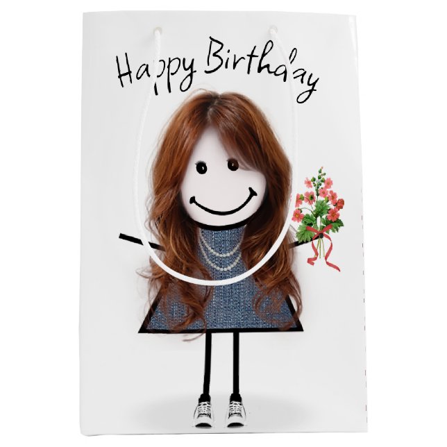 Birthday Stick Figure Girl With Bouquet Medium Gift Bag (Front)