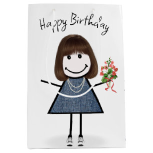 Birthday Stick Figure Girl With Bouquet Medium Gift Bag