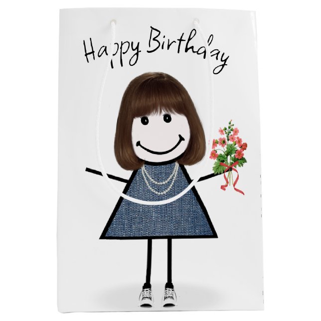 Birthday Stick Figure Girl With Bouquet Medium Gift Bag (Front)