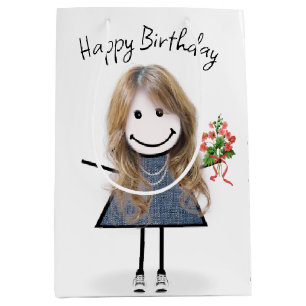 Birthday Stick Figure Girl With Bouquet Medium Gift Bag