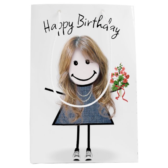 Birthday Stick Figure Girl With Bouquet Medium Gift Bag (Front)