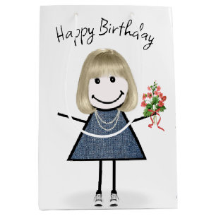 Birthday Stick Figure Girl With Bouquet Medium Gift Bag