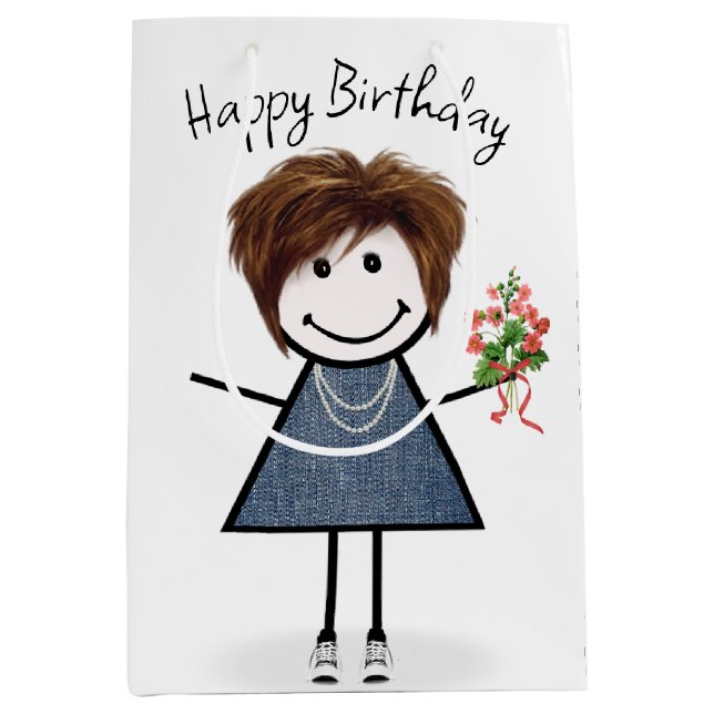 Birthday Stick Figure Girl With Bouquet Medium Gift Bag (Front)