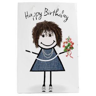 Birthday Stick Figure Girl With Bouquet Medium Gift Bag