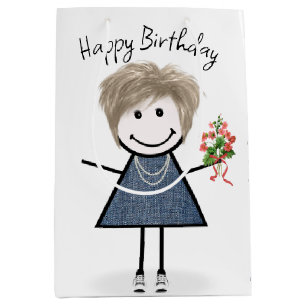 Birthday Stick Figure Girl With Bouquet Medium Gift Bag