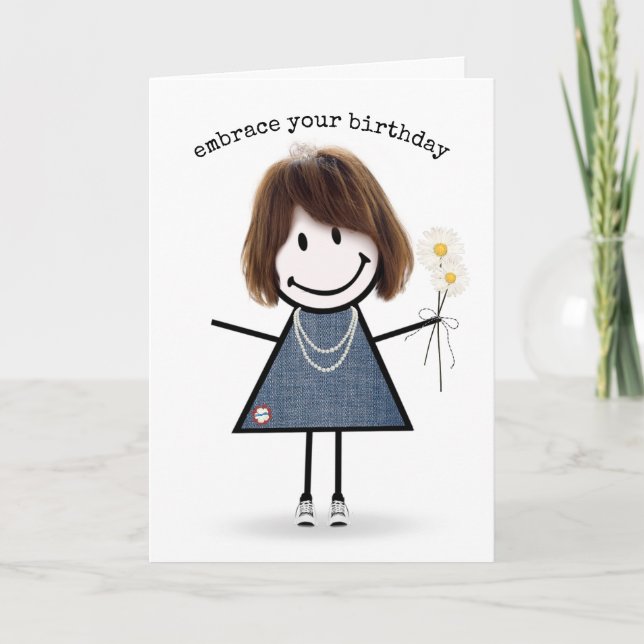 Birthday Stick Figure Girl with Daisies   Card (Front)