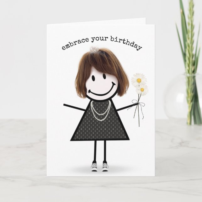 Birthday Stick Figure Girl with Daisies   Card (Front)