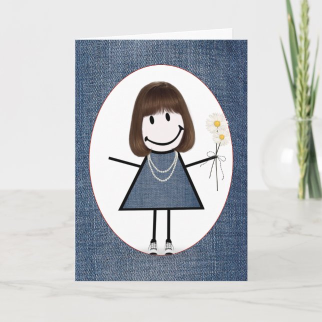 Birthday Stick Figure Girl with Daisies  Card (Front)
