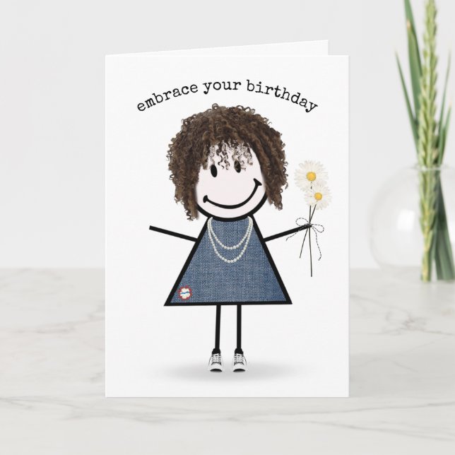 Birthday Stick Figure Girl with Daisies Card (Front)