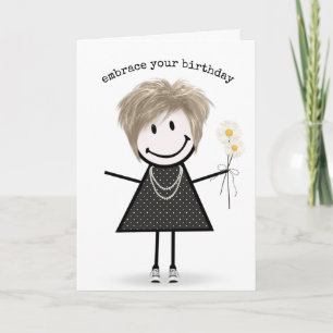 Birthday Stick Figure Girl with Daisies    Card
