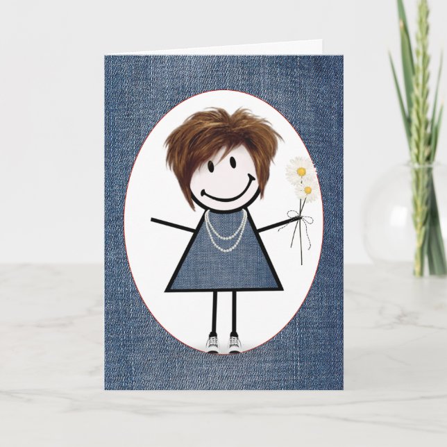 Birthday Stick Figure Girl with Daisies   Card (Front)