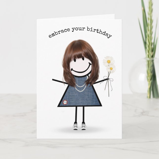 Birthday Stick Figure Girl with Daisies Card (Front)