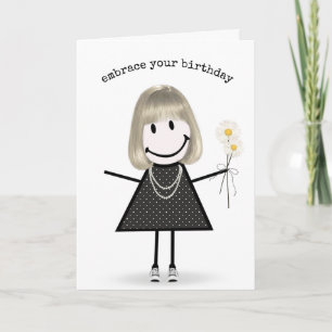 Birthday Stick Figure Girl with Daisies Card