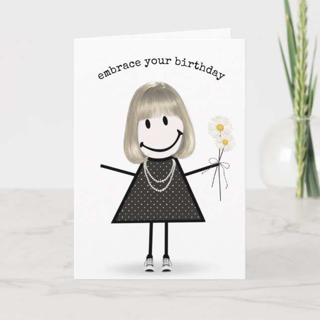 Birthday Stick Figure Girl with Daisies  Card (Front)
