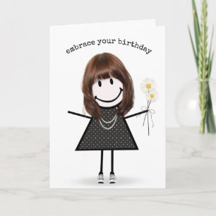 Birthday Stick Figure Girl with Daisies    Card