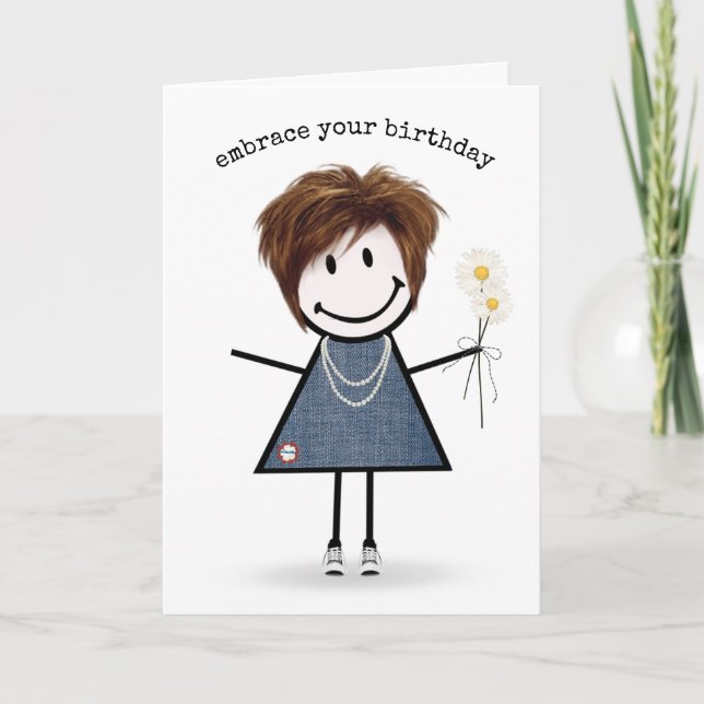 Birthday Stick Figure Girl with Daisies Card (Front)