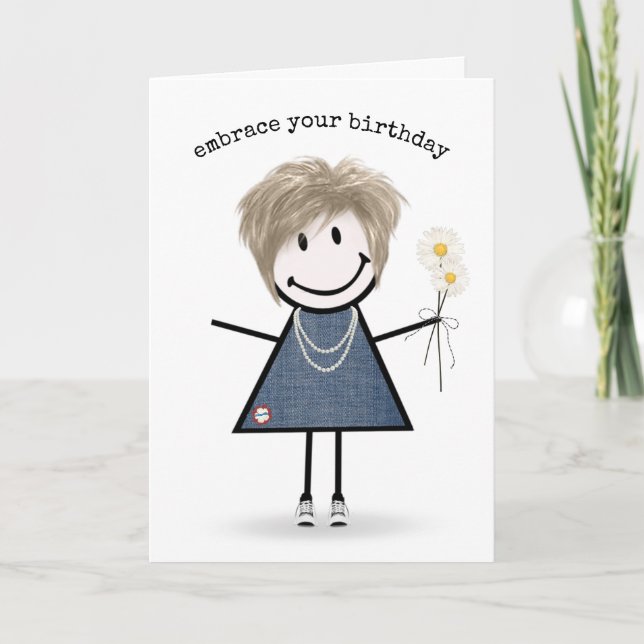 Birthday Stick Figure Girl with Daisies Card (Front)