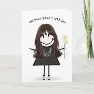 Birthday Stick Figure Girl with Daisies Card