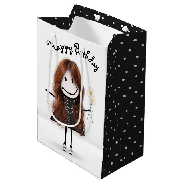 Birthday Stick Figure Girl with Daisies  Medium Gift Bag (Front Angled)