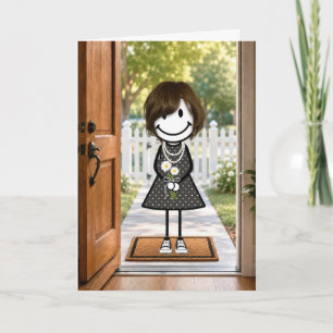 Birthday Stick Figure Girl with Daisy Bouquet Card