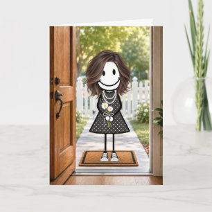 Birthday Stick Figure Girl with Daisy Bouquet Card