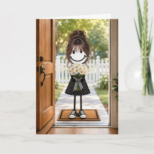 Birthday Stick Figure Girl with Daisy Bouquet Card