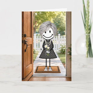 Birthday Stick Figure Girl with Daisy Bouquet Card