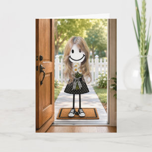 Birthday Stick Figure Girl with Daisy Bouquet Card