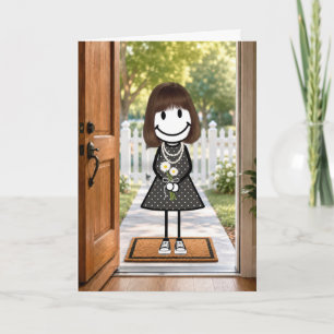 Birthday Stick Figure Girl with Daisy Bouquet Card