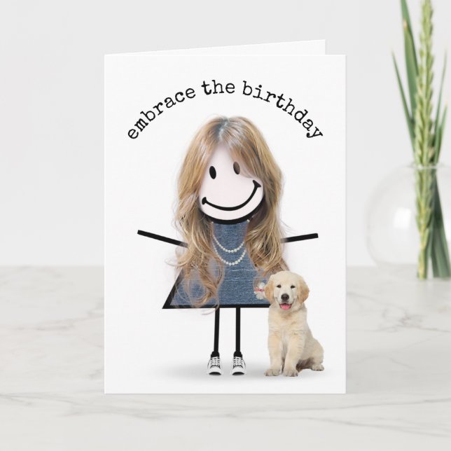 Birthday Stick Figure Girl with Golden Retriever Card (Front)