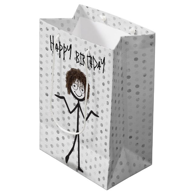 Birthday Stick Figure Girl With Hair and Glasses Medium Gift Bag (Front Angled)