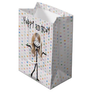 Birthday Stick Figure Girl With Hair and Glasses Medium Gift Bag