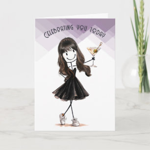  Birthday Stick Figure Girl with Martini Card