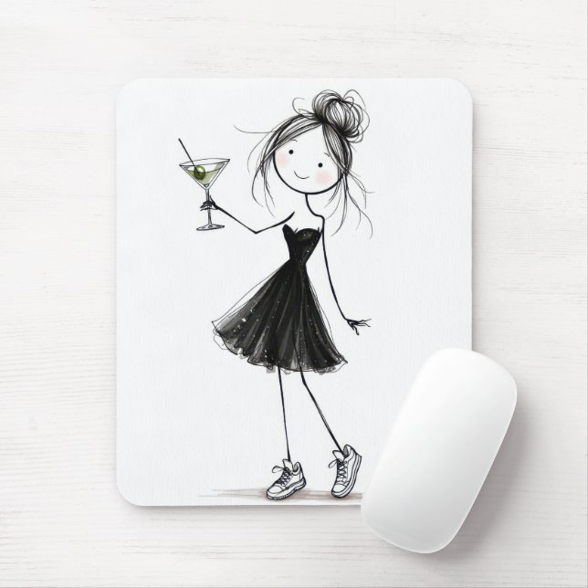 Birthday Stick Figure Girl with Martini Mouse Mat (With Mouse)