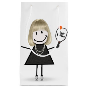 Birthday Stick Figure Girl with Pickleball  Small Gift Bag