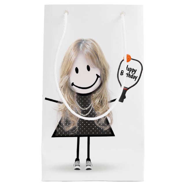 Birthday Stick Figure Girl with Pickleball  Small Gift Bag (Front)