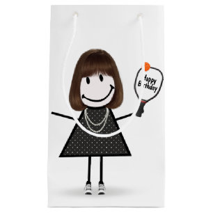 Birthday Stick Figure Girl with Pickleball Small Gift Bag