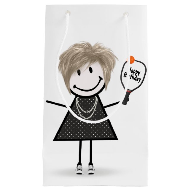 Birthday Stick Figure Girl with Pickleball Small Gift Bag (Front)
