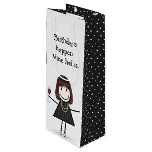 Birthday Stick Figure Girl with Red Wine Gift Bag