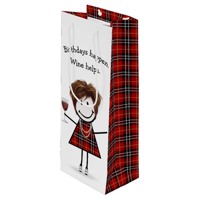 Birthday Stick Figure Girl with Red Wine   Gift Bag (Front Angled)