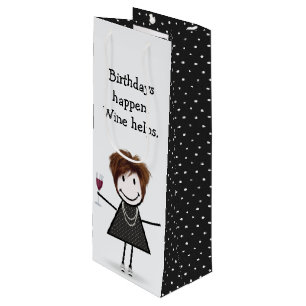 Birthday Stick Figure Girl with Red Wine Gift Bag