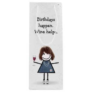 Birthday Stick Figure Girl with Red Wine Glass Gift Bag